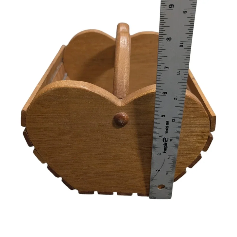 Vintage Heart Shaped Wooden Slat Basket Caddy with Handle Farmhouse Decor